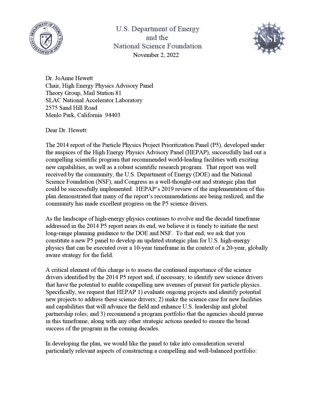 page one of the charge to p5 letter